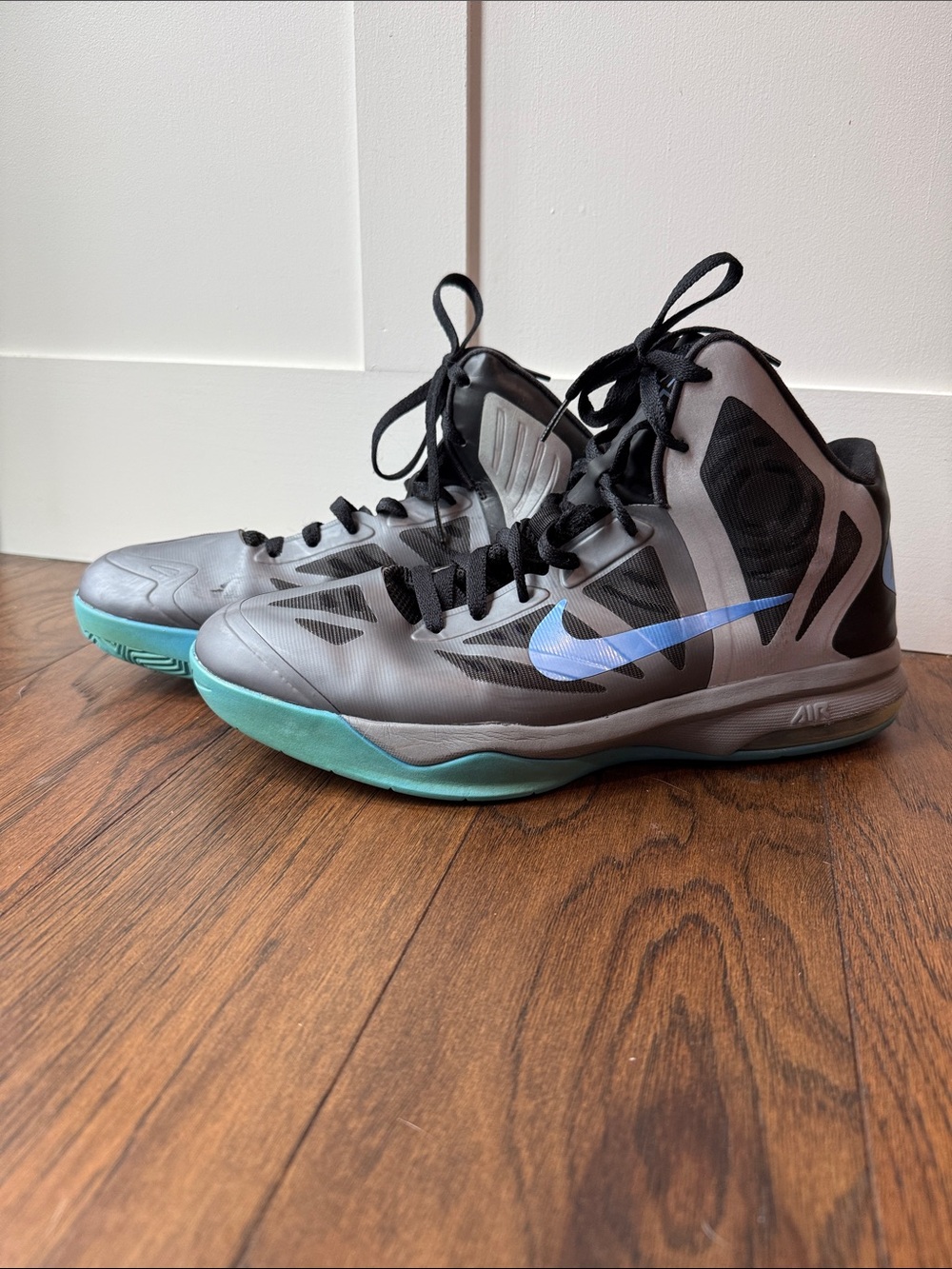 Nike Gray & Teal Blue High-Top Basketball Shoes with Blue Swoosh